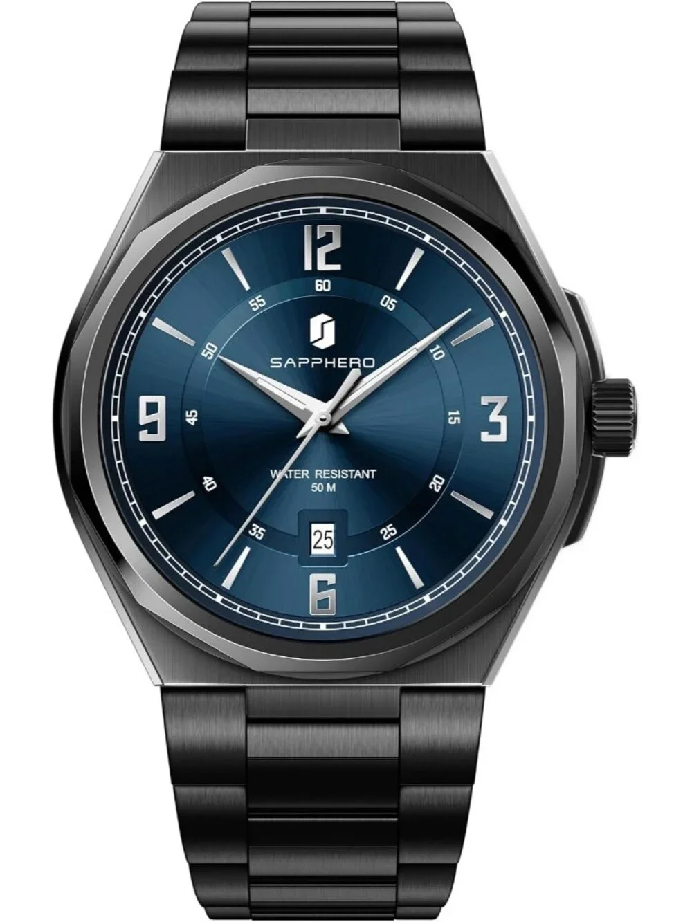 Men's Black/Blue Numeral Dial Stainless Steel Strap Analog Quartz Wrist Watch